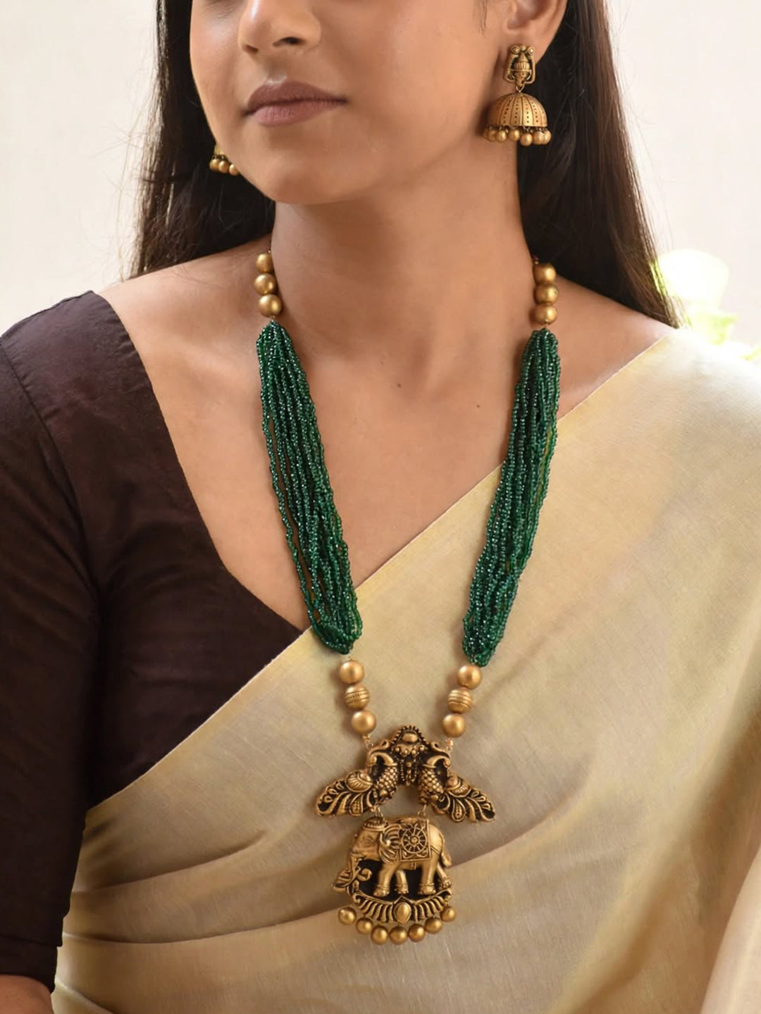 Elephant Peacock Pendant Design Acrylic Green Beads Cluster Handmade Terracotta Necklace Set