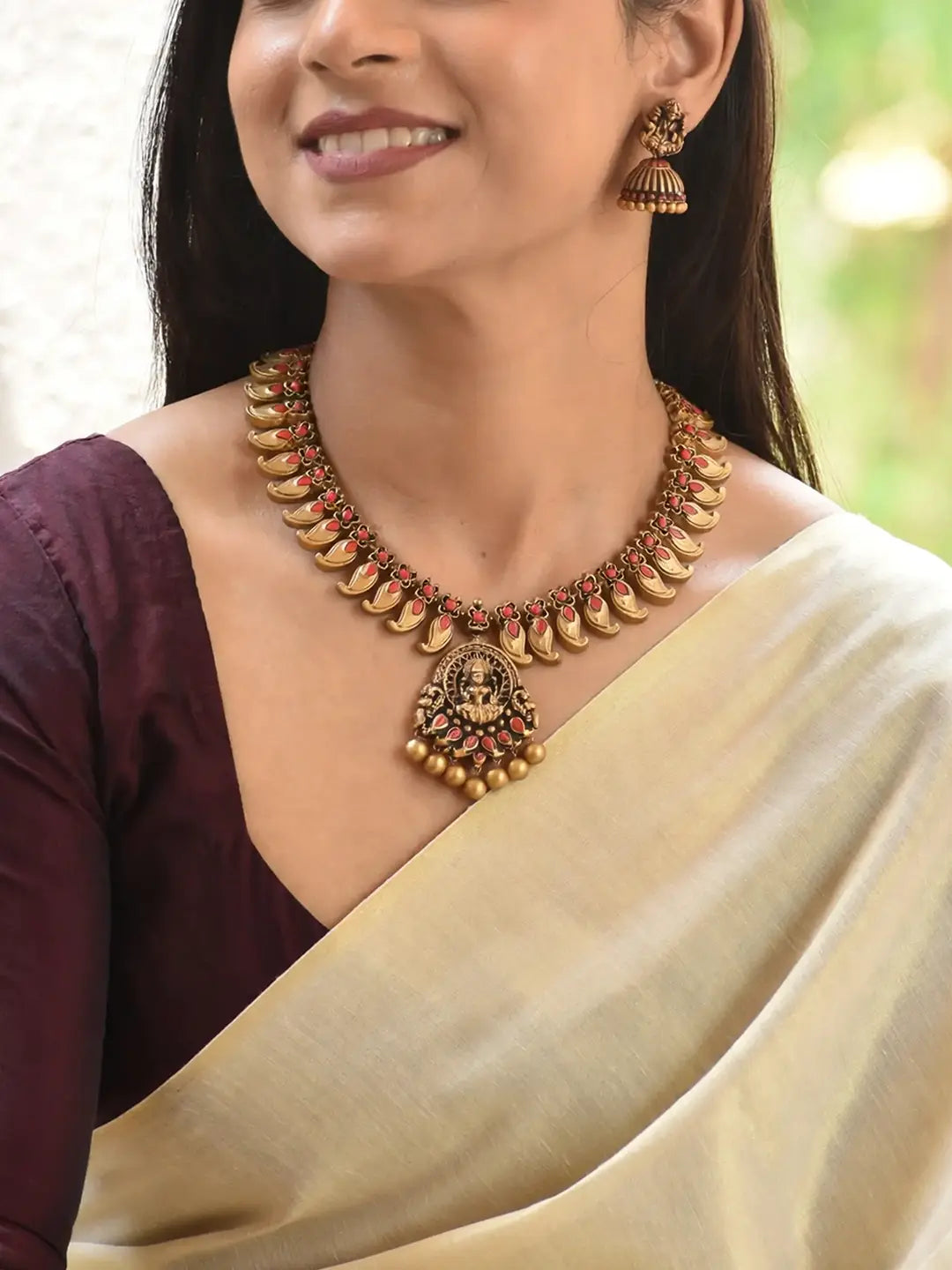 Mango Design Lakshmi Pendant Antique Gold Red Handmade Terracotta Necklace Set