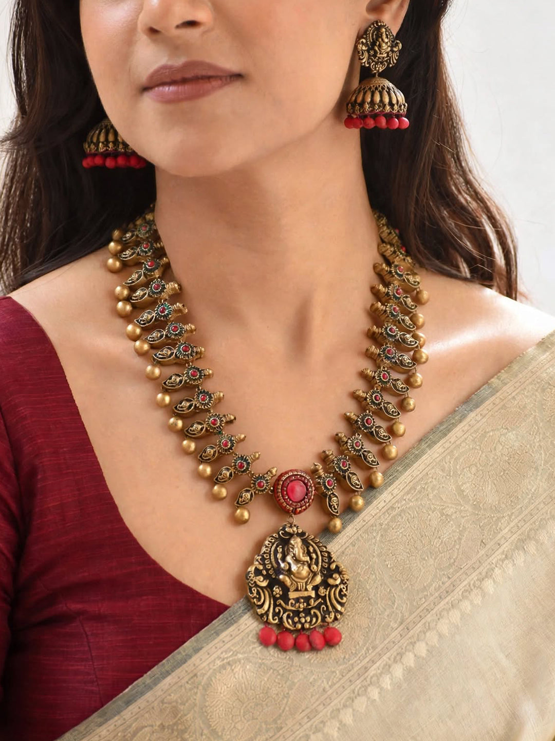 Antique Gold and Red Ganesha Design Pendant Handmade Terracotta Necklace Set in Fringe Pattern
