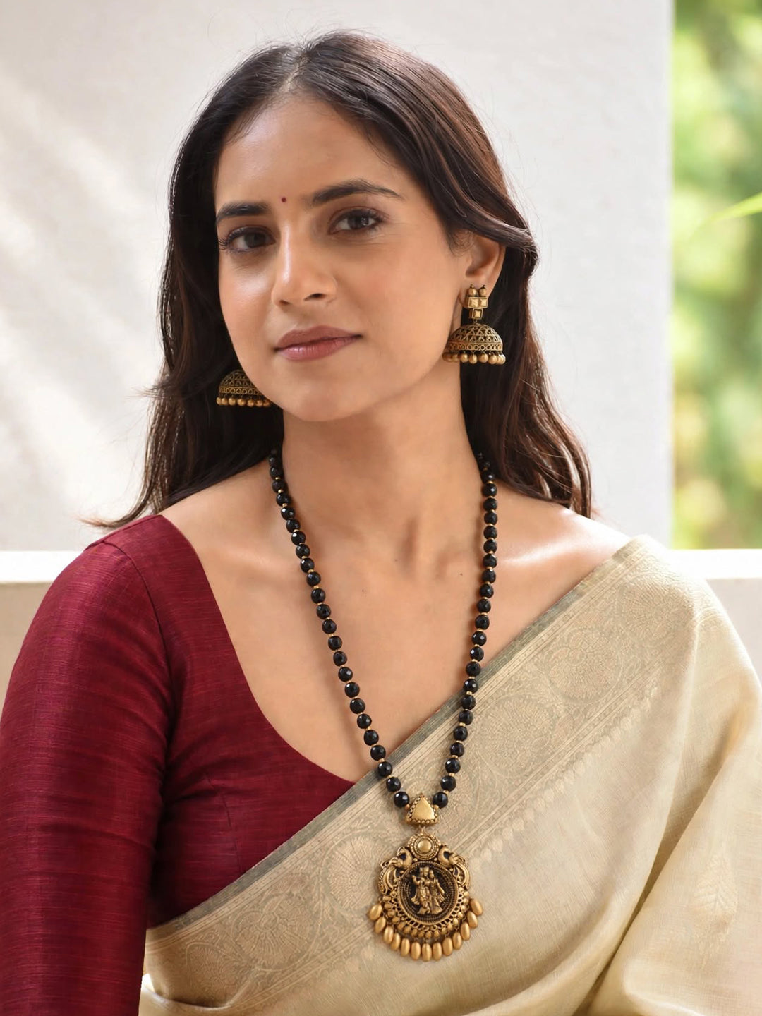 Radha Krishna Design Black Semi-precious Agate Beads and Antique Gold Handmade Terracotta Necklace Set