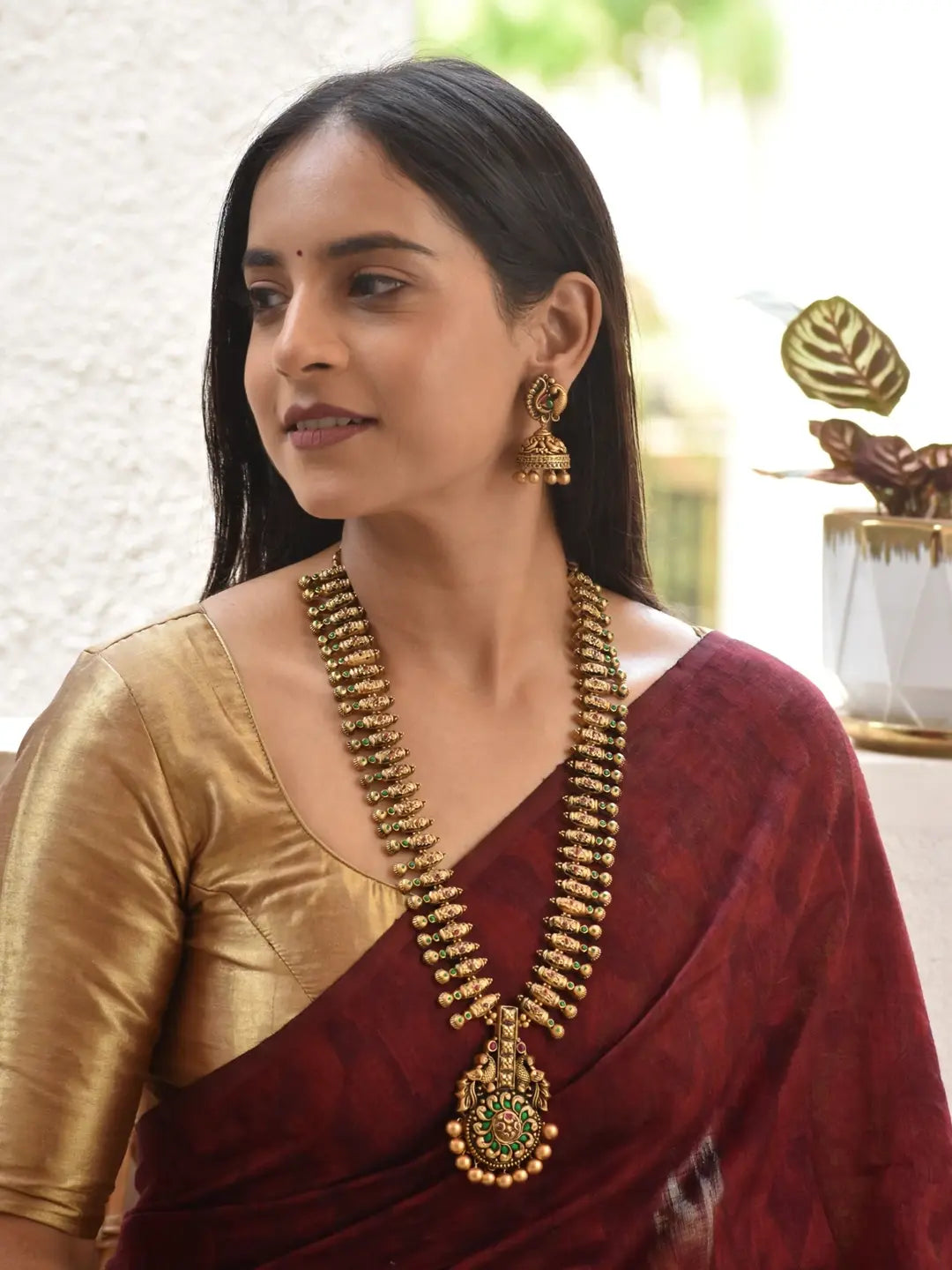Temple Art Design Peacock Bridal Antique Gold Red Green Long Haram Handmade Terracotta Necklace Set