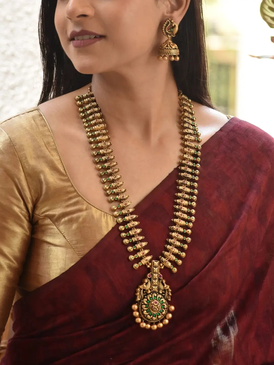 Temple Art Design Peacock Bridal Antique Gold Red Green Long Haram Handmade Terracotta Necklace Set