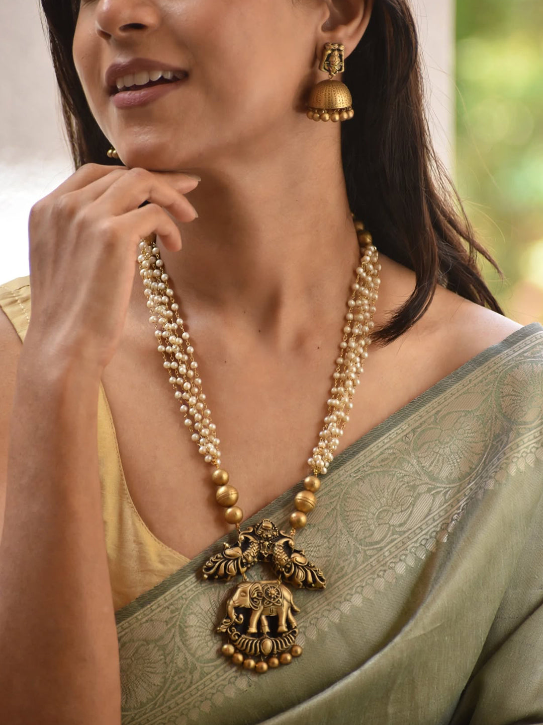 Layered Pearl Elephant Peacock Design Temple Art Handmade Terracotta Necklace Set
