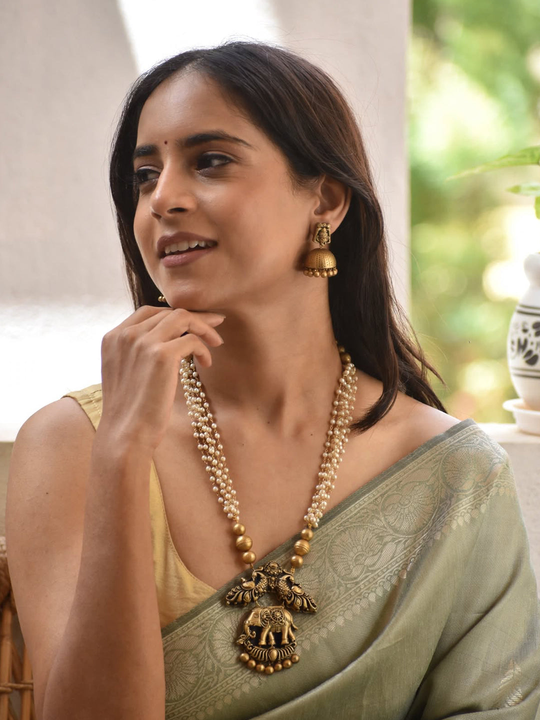 Layered Pearl Elephant Peacock Design Temple Art Handmade Terracotta Necklace Set