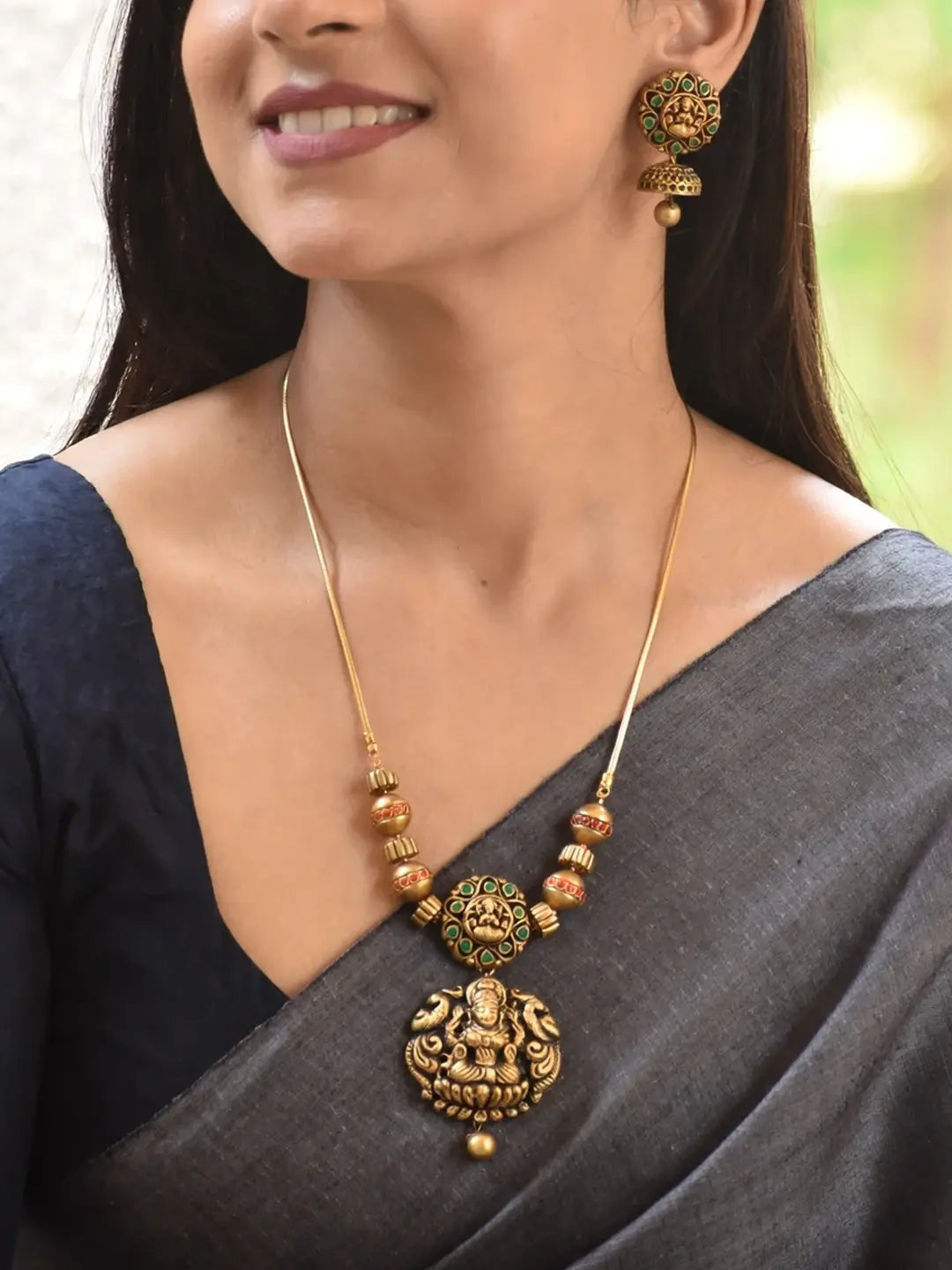 Minimalistc Lakshmi Design Antique Gold Red Green Handmade Terracotta Necklace Set