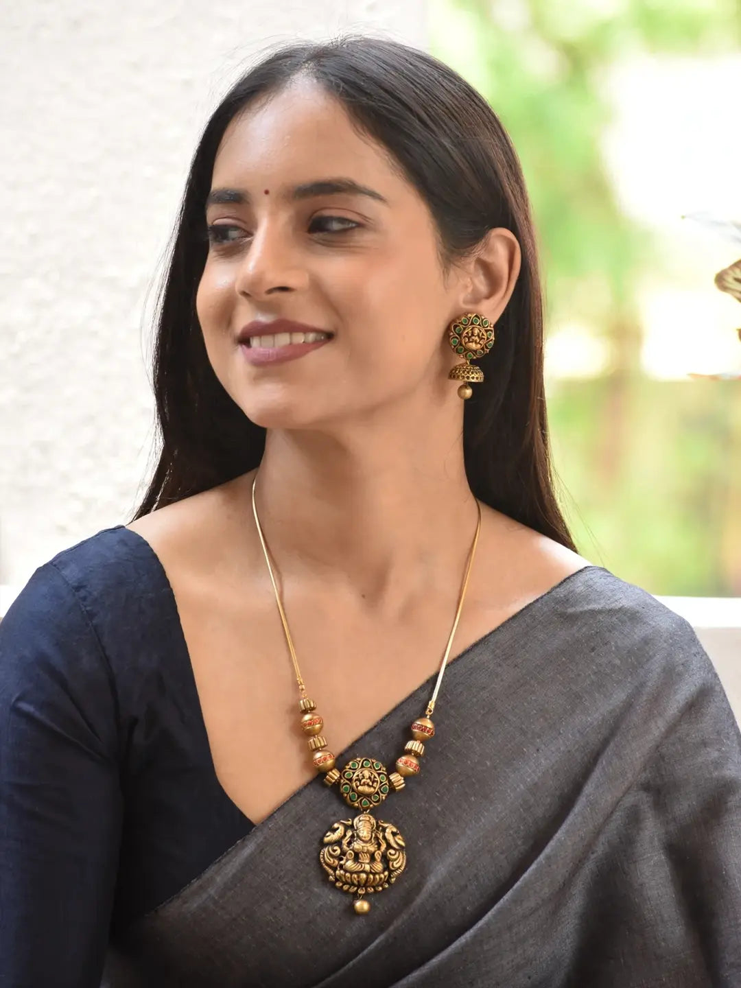Minimalistc Lakshmi Design Antique Gold Red Green Handmade Terracotta Necklace Set