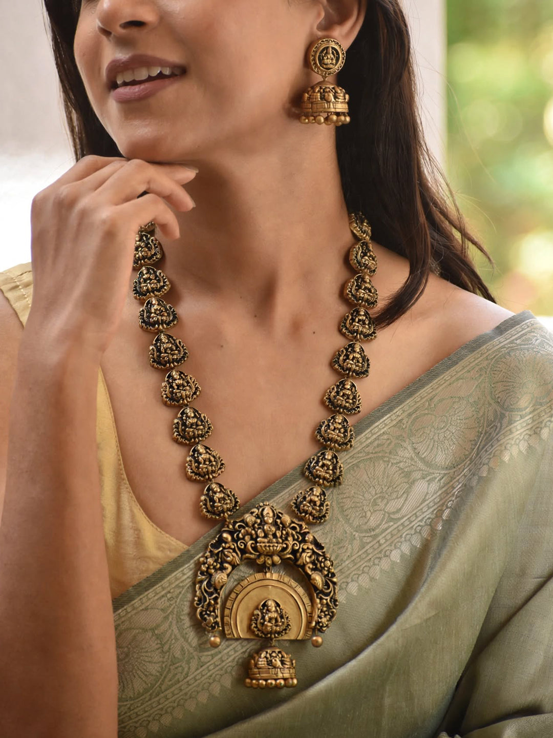 Antique Gold Lakshmi Design  Jhumka Pendant Style Long Haram Handmade Terracotta Necklace Set