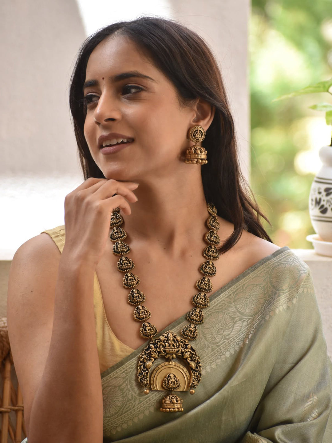 Antique Gold Lakshmi Design  Jhumka Pendant Style Long Haram Handmade Terracotta Necklace Set