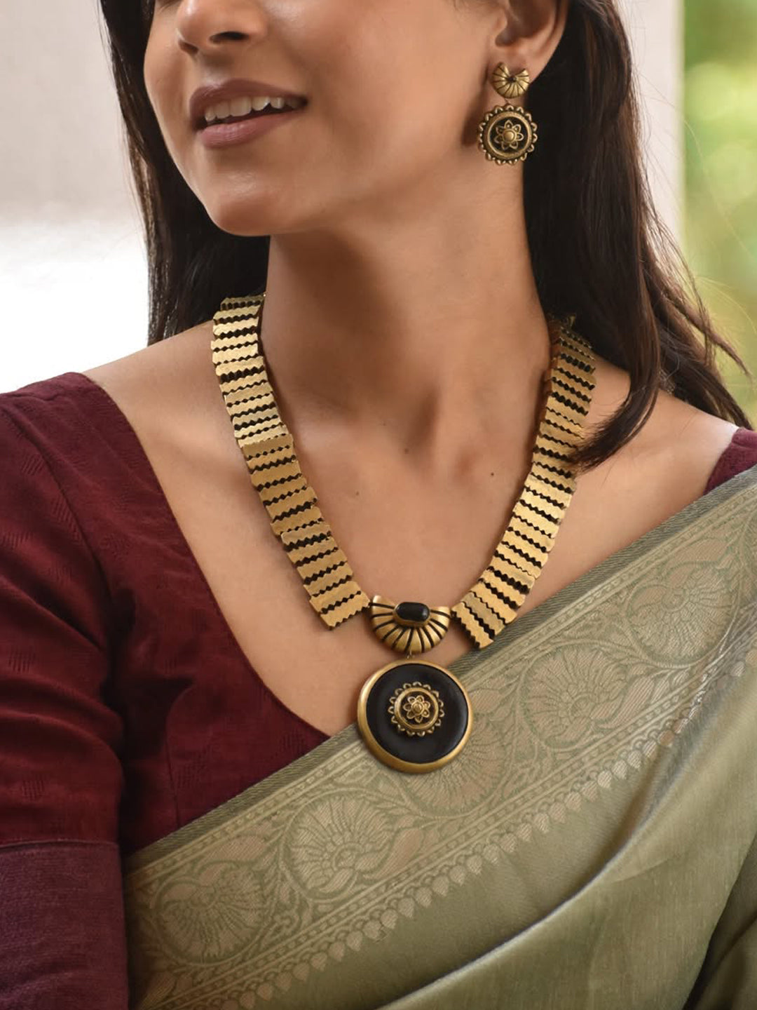 Antique Gold Black Geometrical Block Design Handmade Terracotta Necklace Set