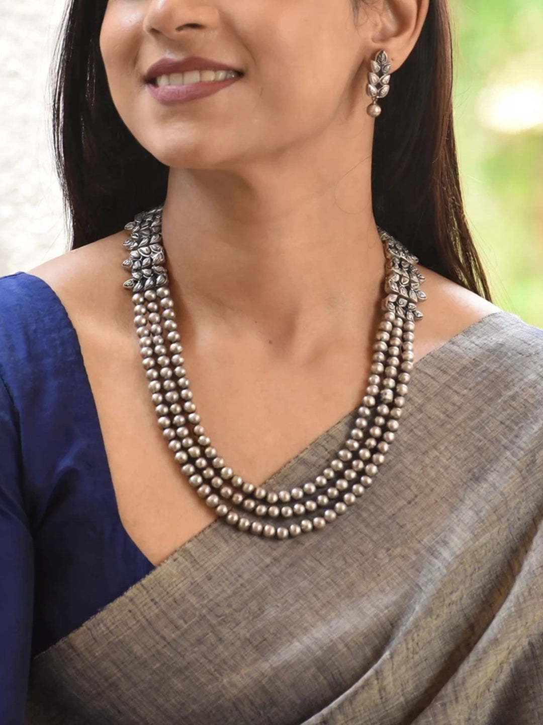 Antique Silver Colour  Rani Haar 3 Layered Beads Handmade Terracotta Necklace Set