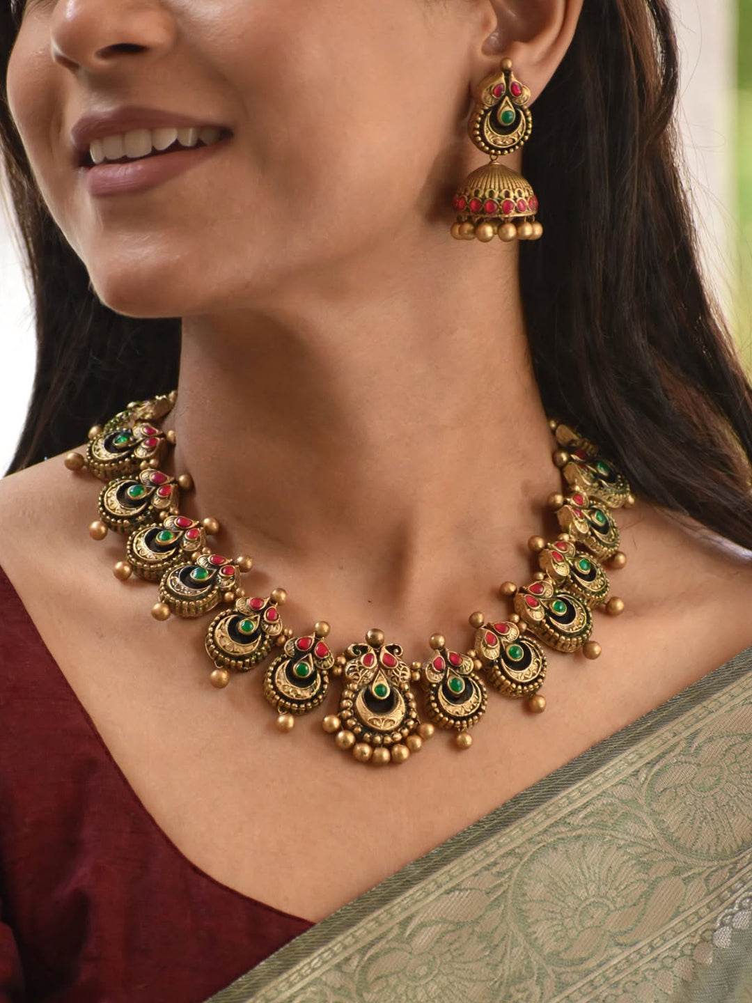 Half Moon Leaf Design Antique Gold Red Green Handmade Terracotta Necklace Set