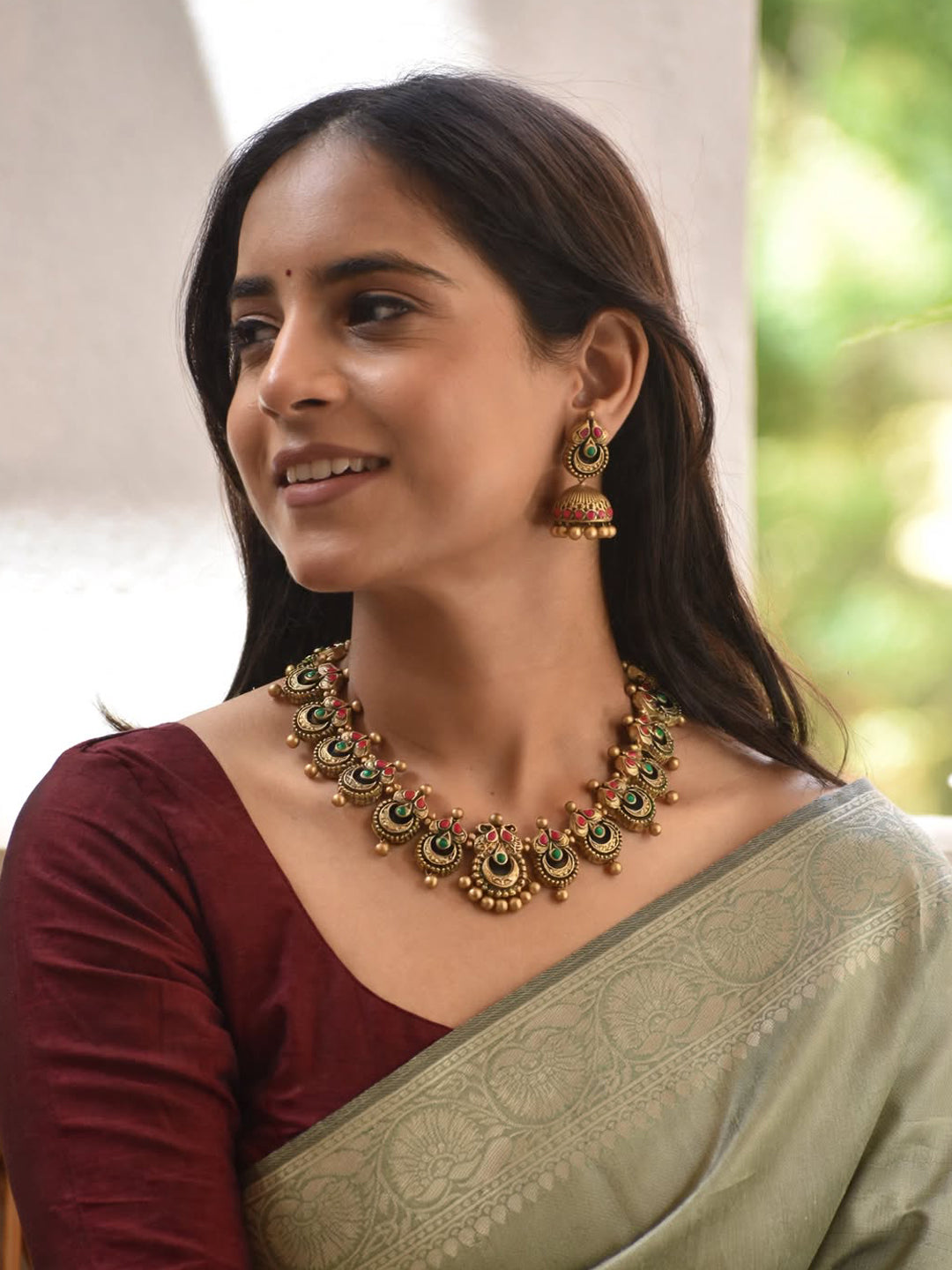Half Moon Leaf Design Antique Gold Red Green Handmade Terracotta Necklace Set