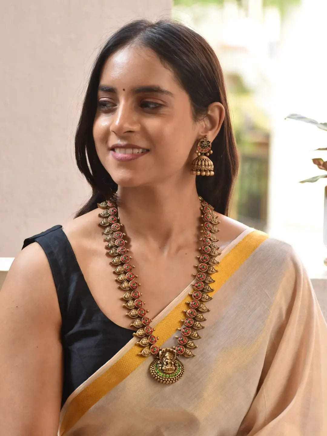 Antique Gold Pink Green Lakshmi and Mango Design Handmade Terracotta Necklace Set