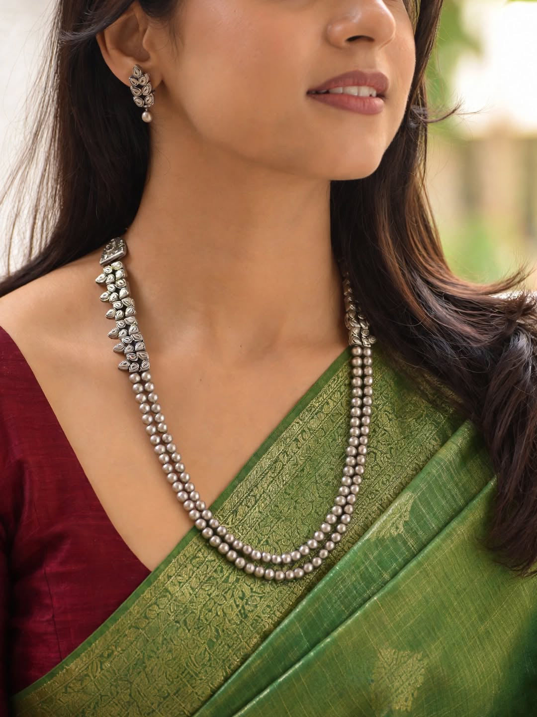 Pranaya — Two Layered Antique Silver Beads Leaf Design Rani Haari Handmade Terracotta Necklace Set