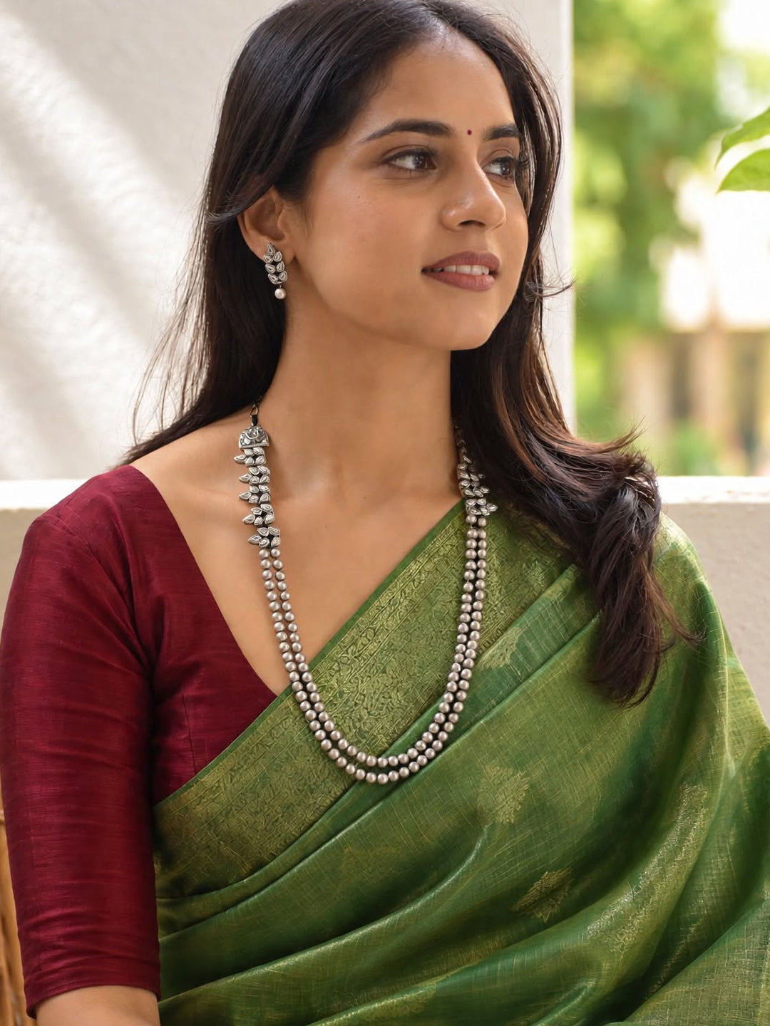 Pranaya — Two Layered Antique Silver Beads Leaf Design Rani Haari Handmade Terracotta Necklace Set