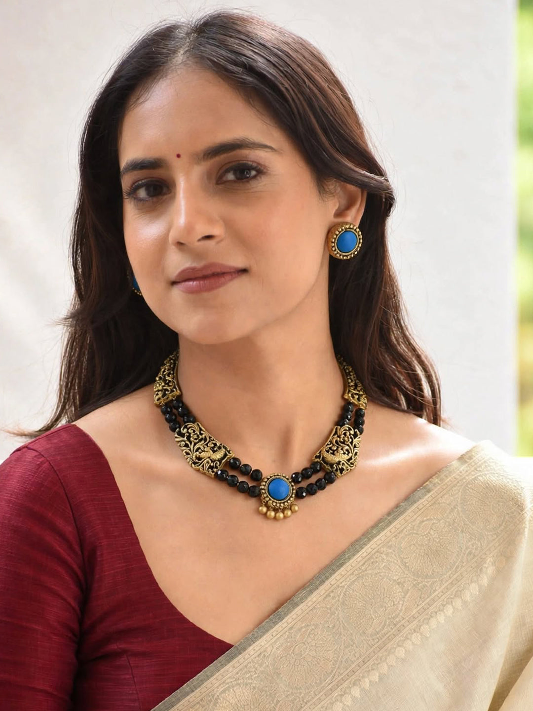 2 Layered Rani Haar Design Black Glass Beads Peacock Design Antique Gold Blue Handmade Terracotta Necklace Set