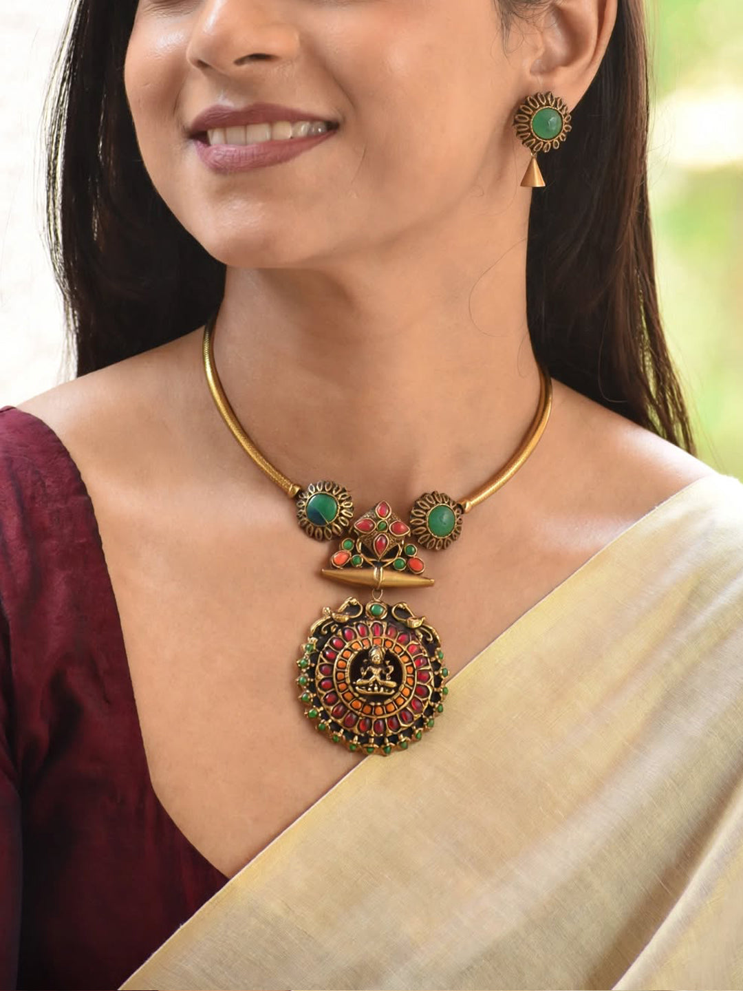 Antique Gold Green Orange Red Circular Lakshmi Pendant Hasli Tube Design Handmade Terracotta Necklace Set
