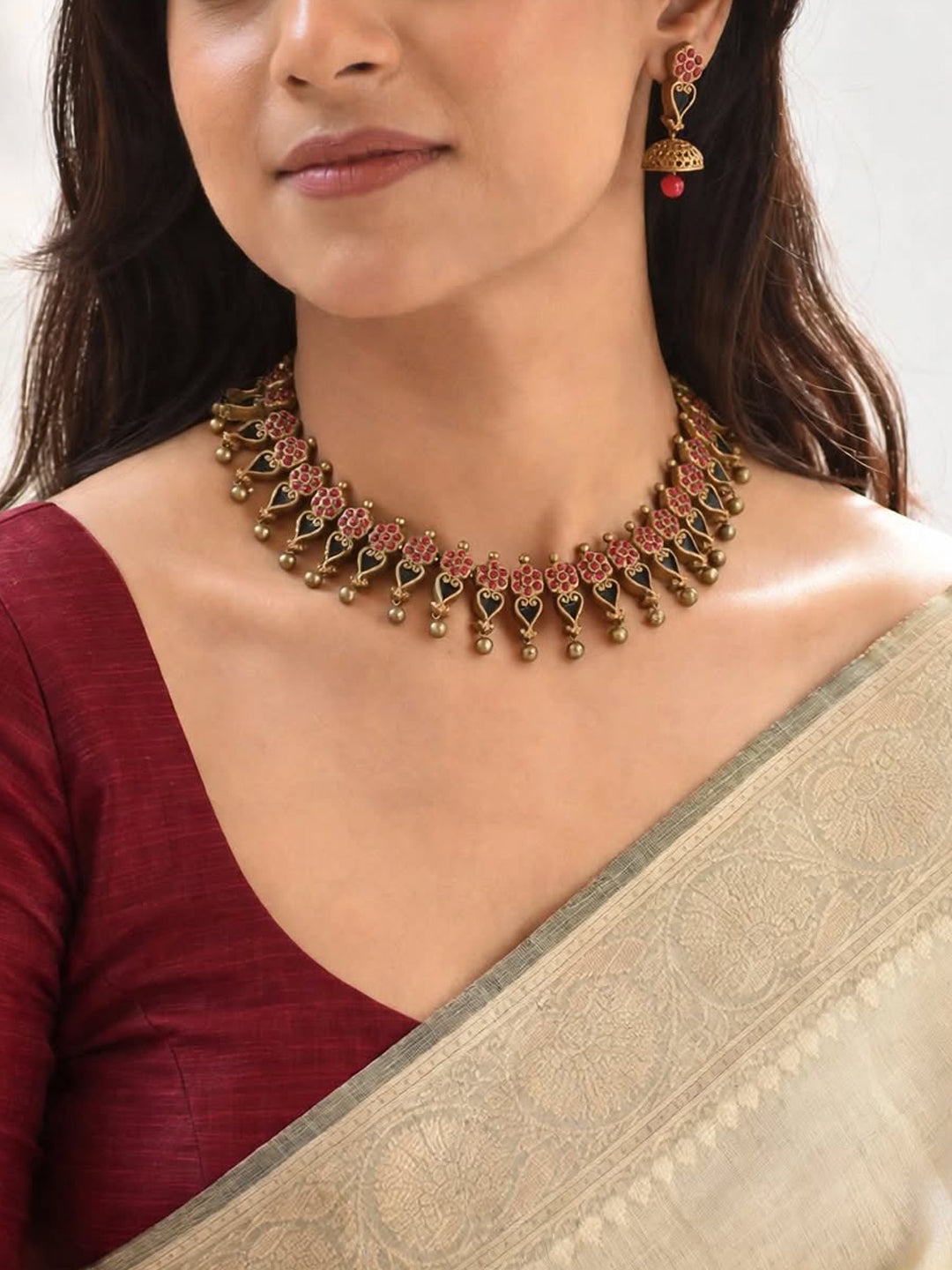 Antique Gold Black Pink Floral Leaf Design Handmade Terracotta Necklace Set