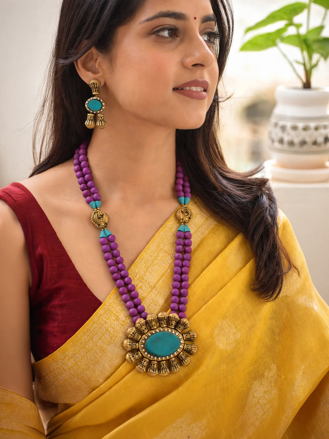 Antique Gold Purple Teal Long Haram 2 Layered Oval Pendant Handmade Terracotta Necklace Set