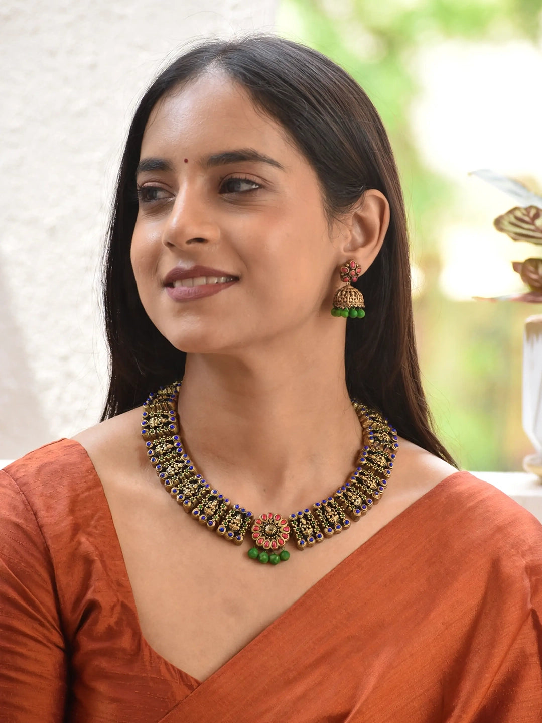 Antique Gold Peach Green Lakshmi Design Handmade Terracotta Necklace Set