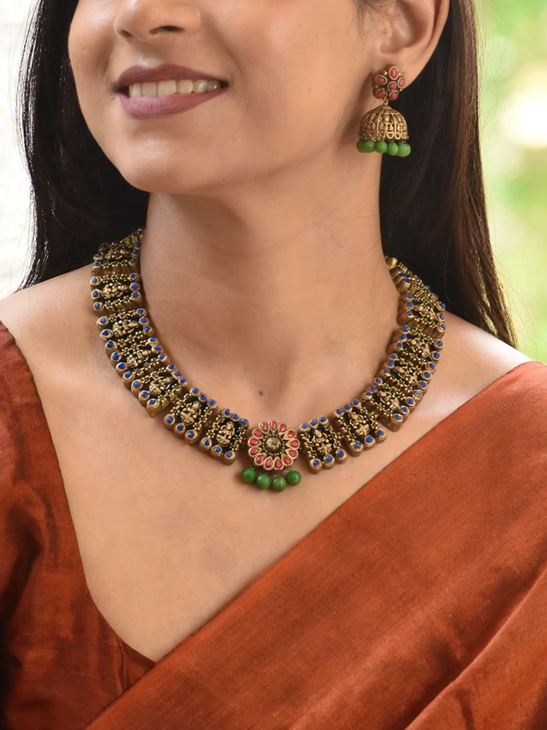 Antique Gold Peach Green Lakshmi Design Handmade Terracotta Necklace Set