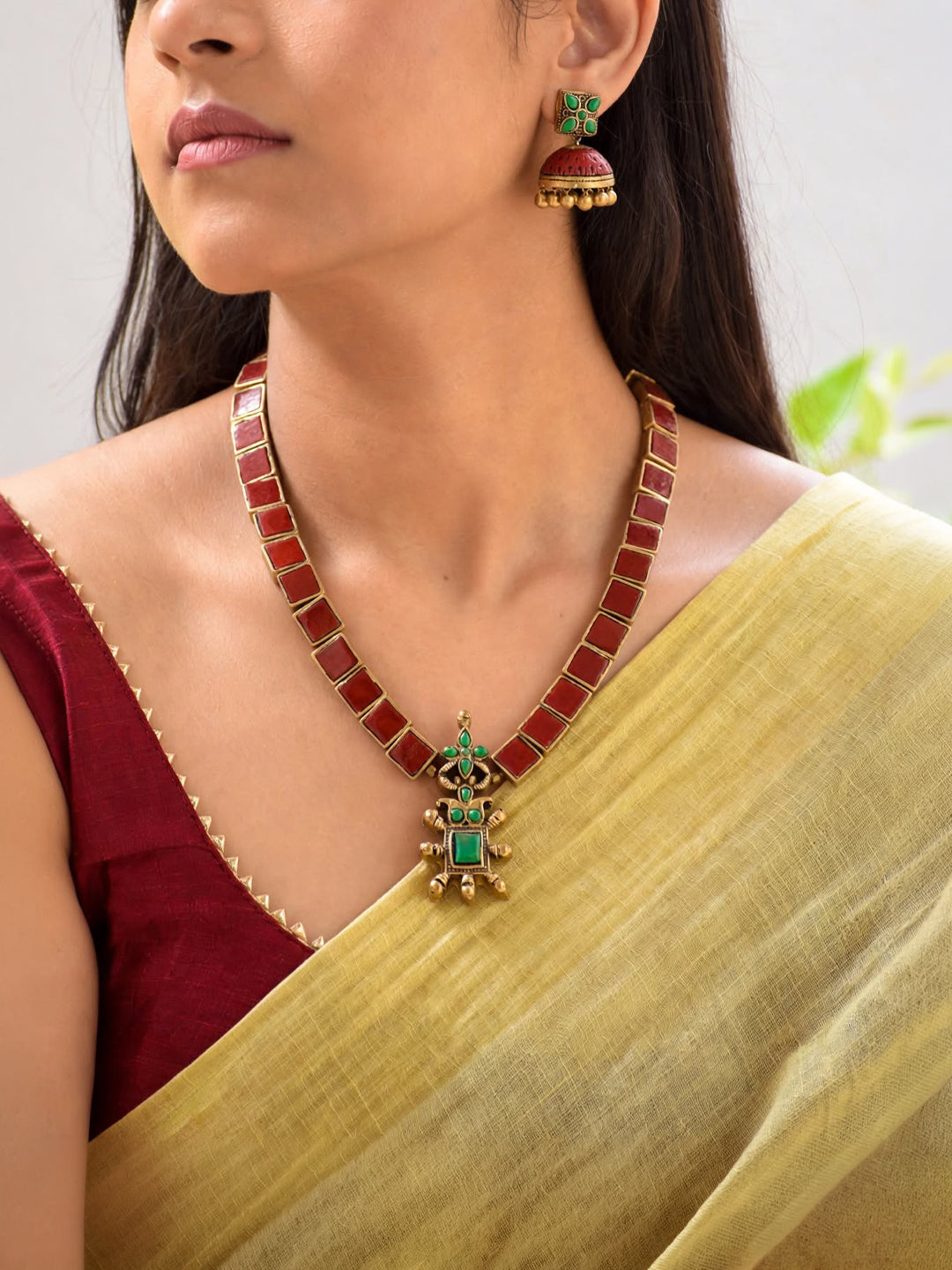 Antique Gold Dark Red Green Square Geometric Design Handmade Terracotta Necklace Set