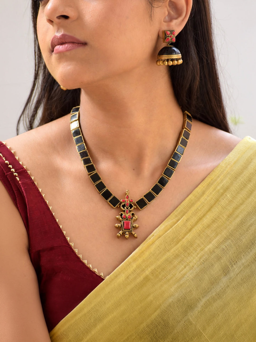 Black Antique Gold  Pink Square Geometric Design Handmade Terracotta Necklace Set