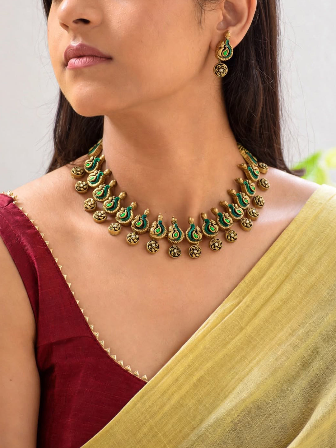Antique Gold Green Peacock Design Handmade Terracotta Necklace Set