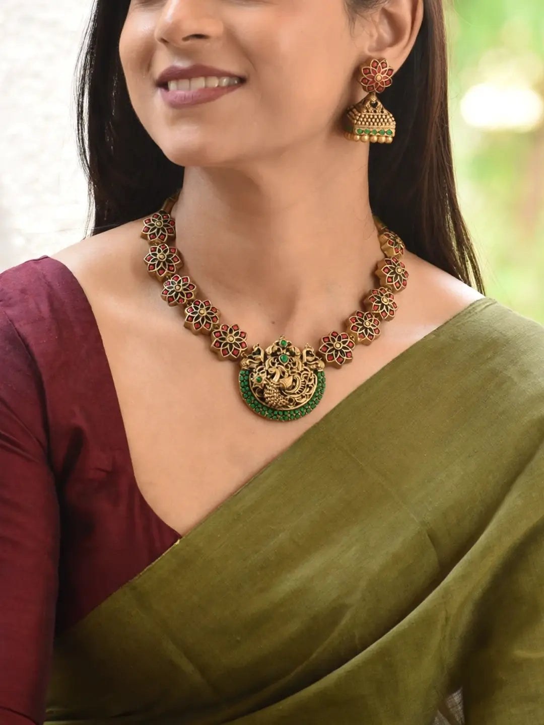 Antique Gold Red Green Floral Mandala Art andPeacock Design Tube Pattern Handmade Terracotta Necklace Set