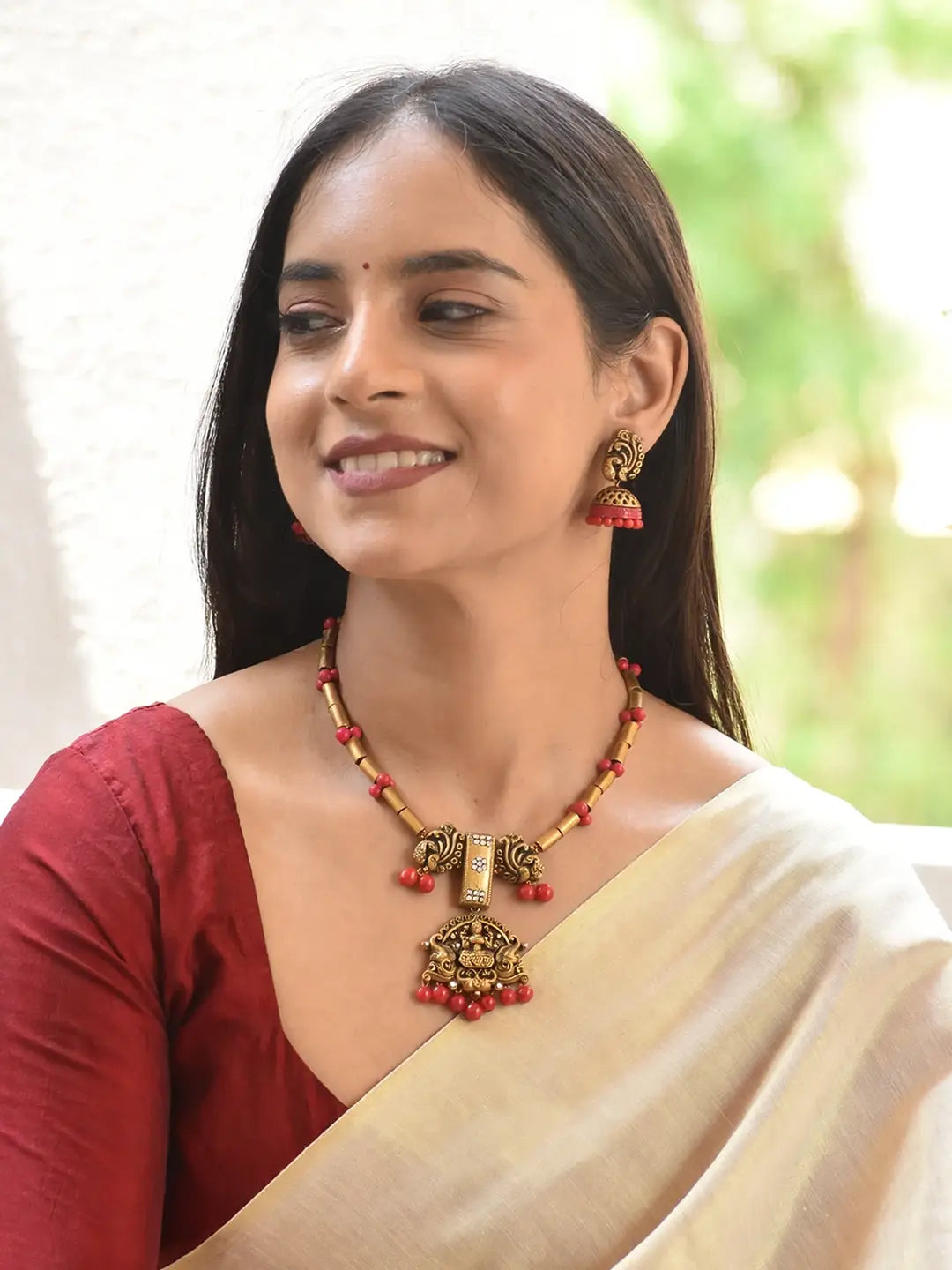 Antique Gold Pink Lakshmi Design Handmade Terracotta Tube Pattern Necklace Set