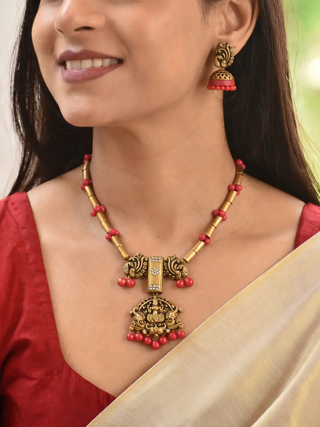 Antique Gold Pink Lakshmi Design Handmade Terracotta Tube Pattern Necklace Set