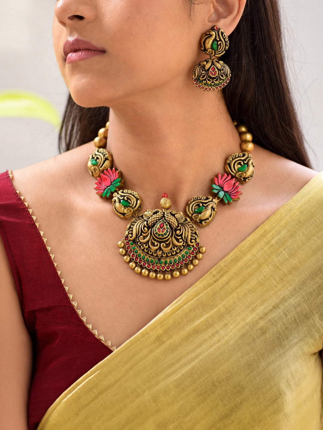 Antique Gold Pink Green Lotus Lakshmi Design Temple Handmade Terracotta Necklace Set