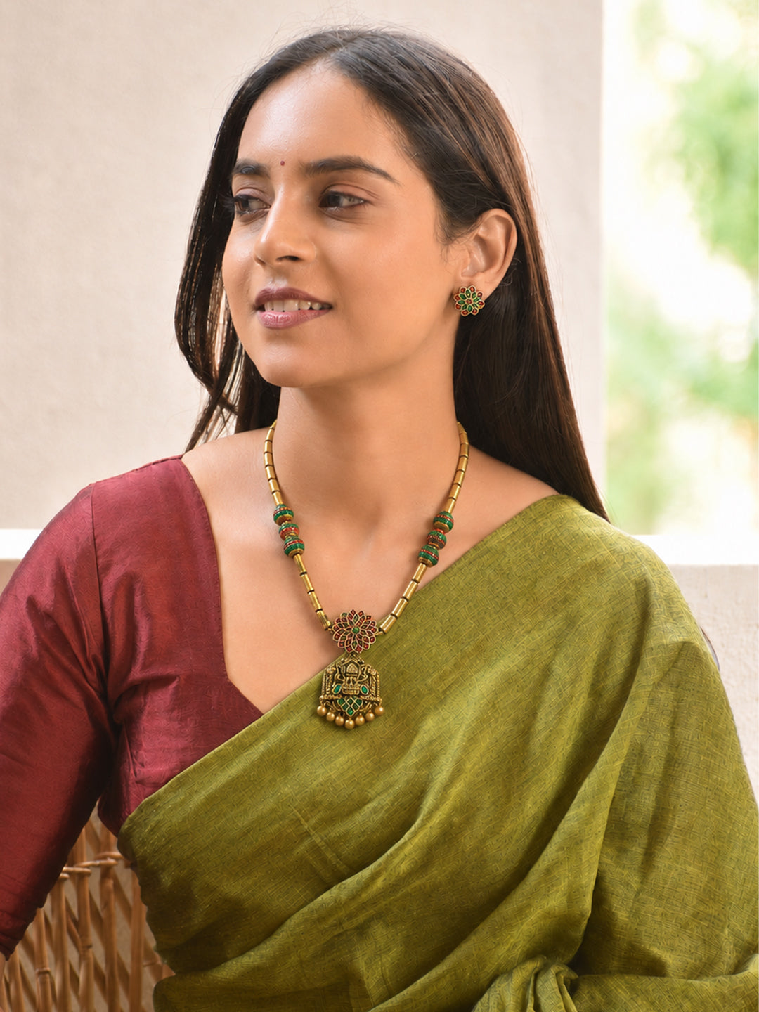 Tarangini — Antique Gold Pink Green Mandala Art and Lakshmi Pendant Temple Tube Design Mala Handmade Terracotta Necklace Set