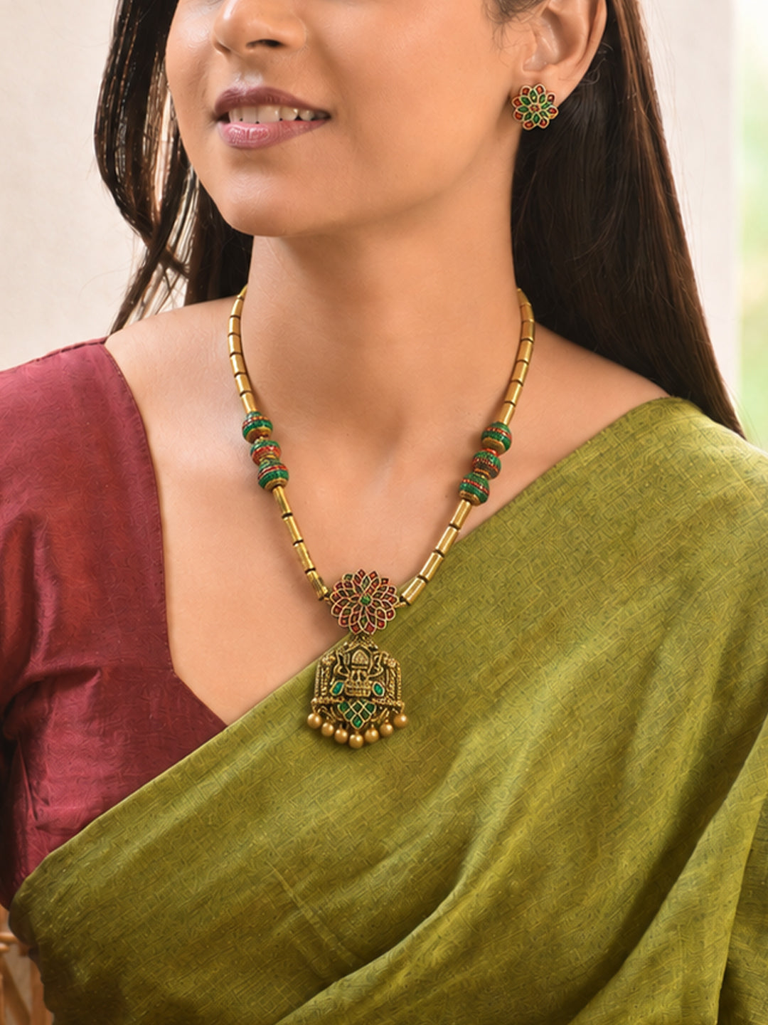 Tarangini — Antique Gold Pink Green Mandala Art and Lakshmi Pendant Temple Tube Design Mala Handmade Terracotta Necklace Set