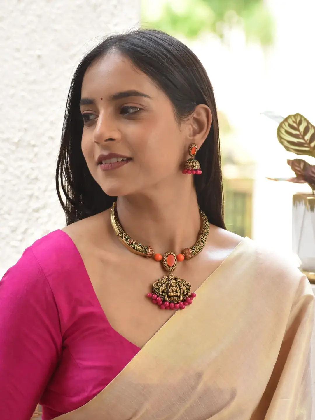 Antique Gold Pink Green Orange Rajawada Style Filigree Pattern Handmade Terracotta Necklace Set