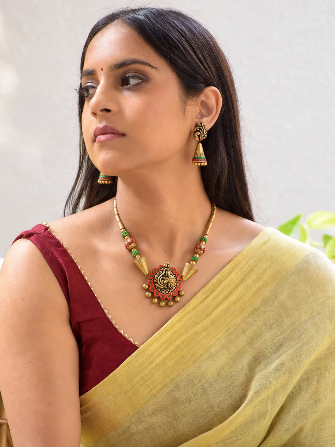 Antique Gold Red Green Peacock Design Handmade Terracotta Necklace Set