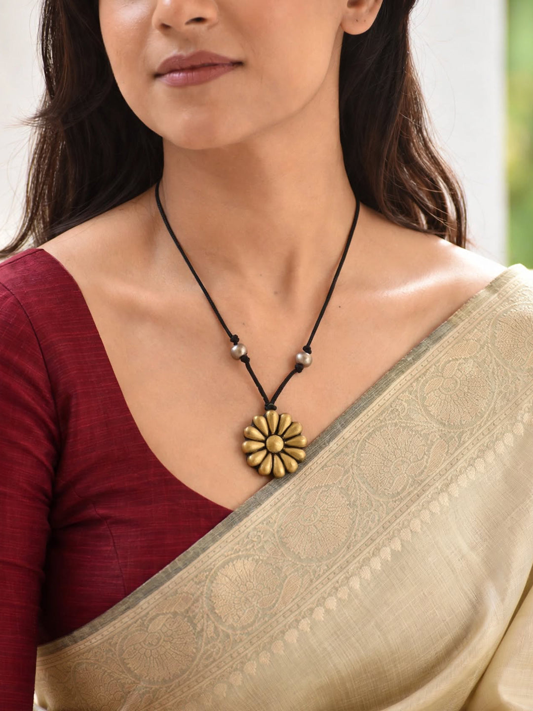 Antique Gold Silver Floral Design Handmade Terracotta Minimalistic Necklace Set