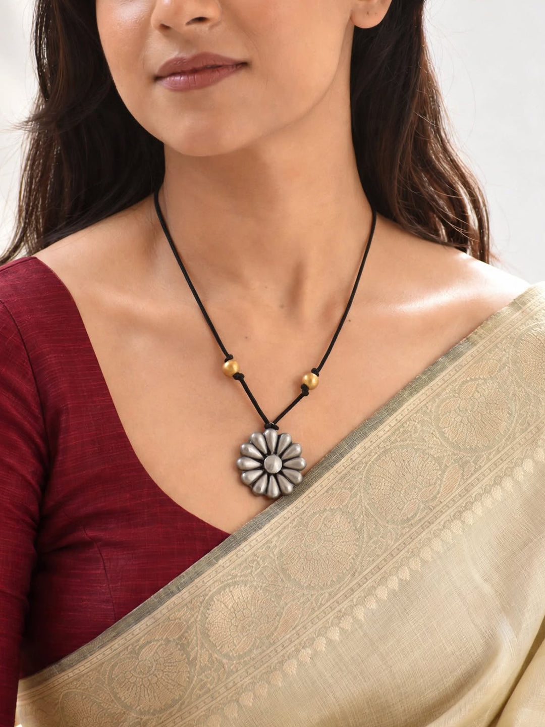 Antique Silver Gold Floral Design Pendant Handmade Terracotta Minimalistic Necklace Set
