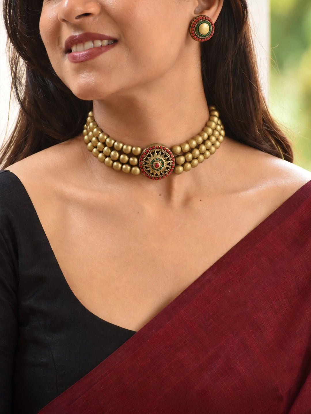 Antique Gold Three line victorian choker surya sun design handmade terracotta necklace set