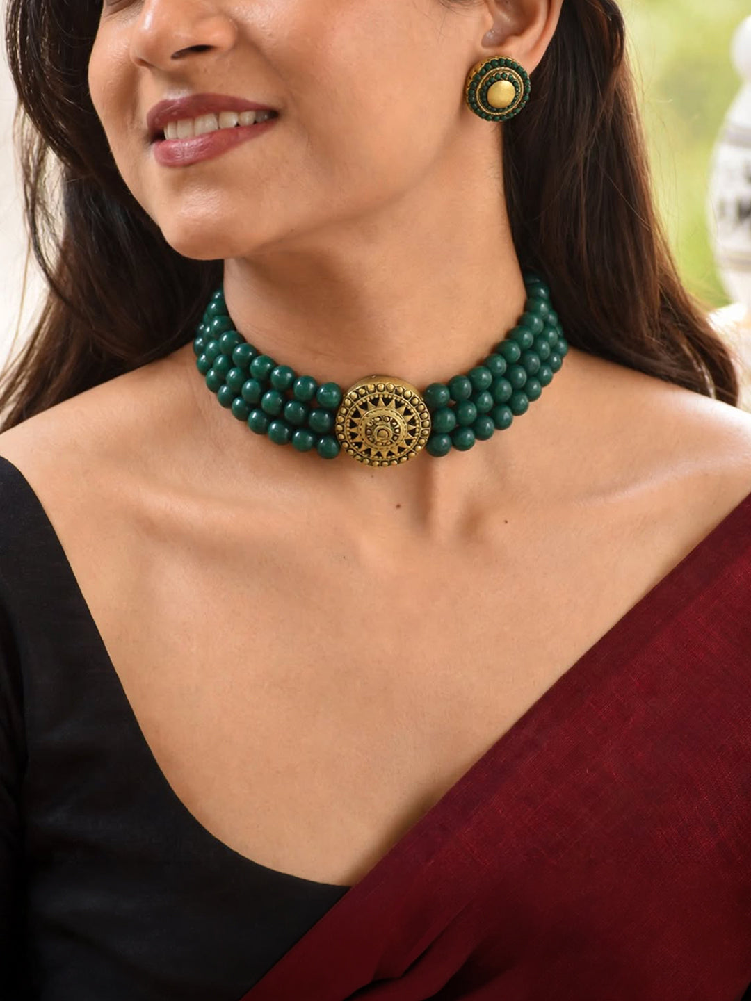 Green Gold Three line victorian choker surya sun design handmade terracotta necklace set