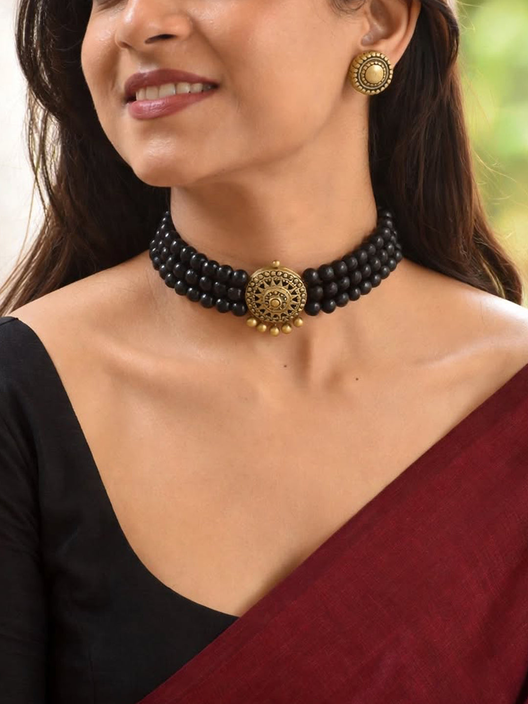 Black Gold Three line victorian choker surya sun design handmade terracotta necklace set