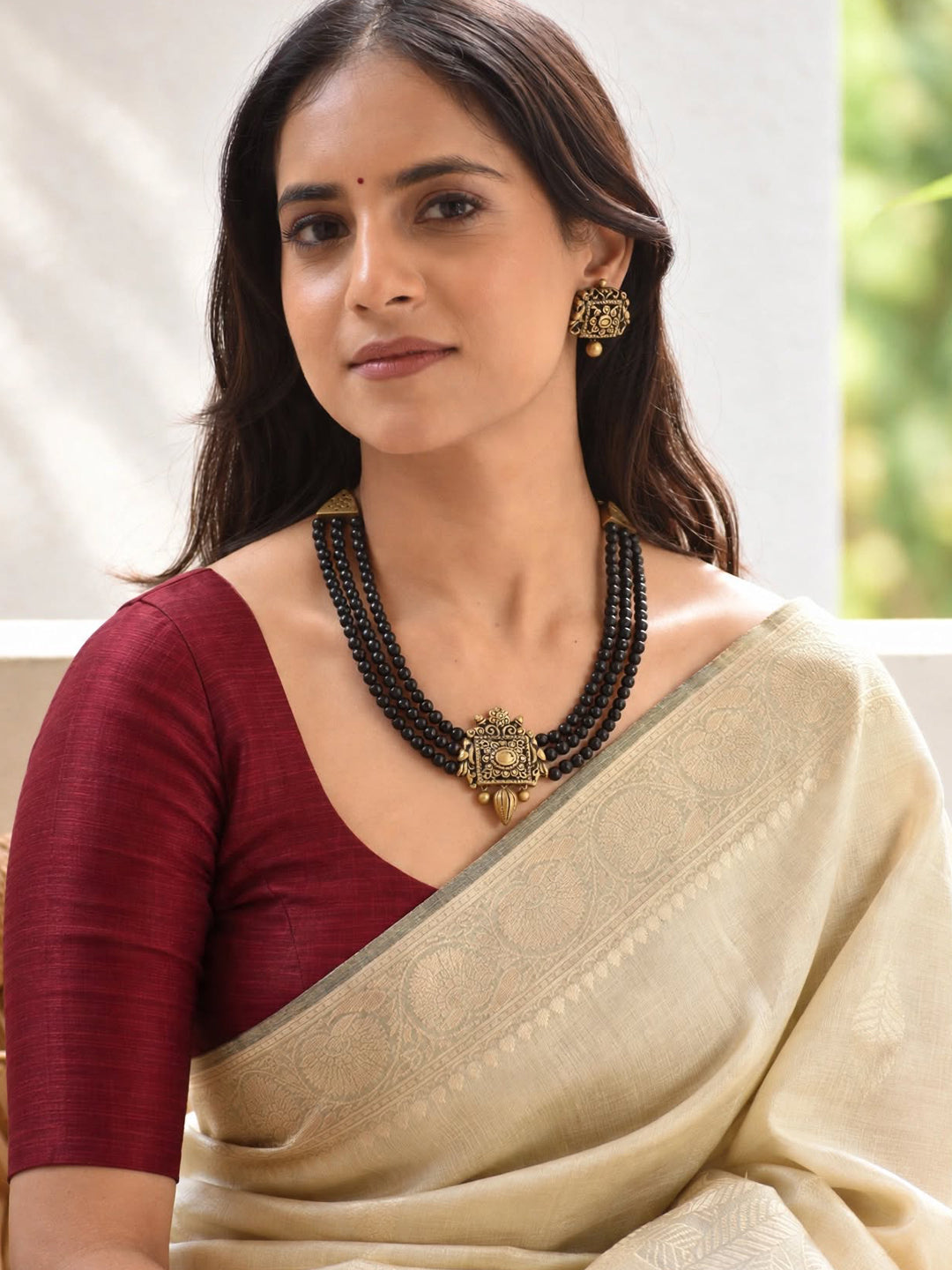 Samriddhi — Rani Haar Style Black Antique Gold 3 Layered Handmade Terracotta Necklace Set