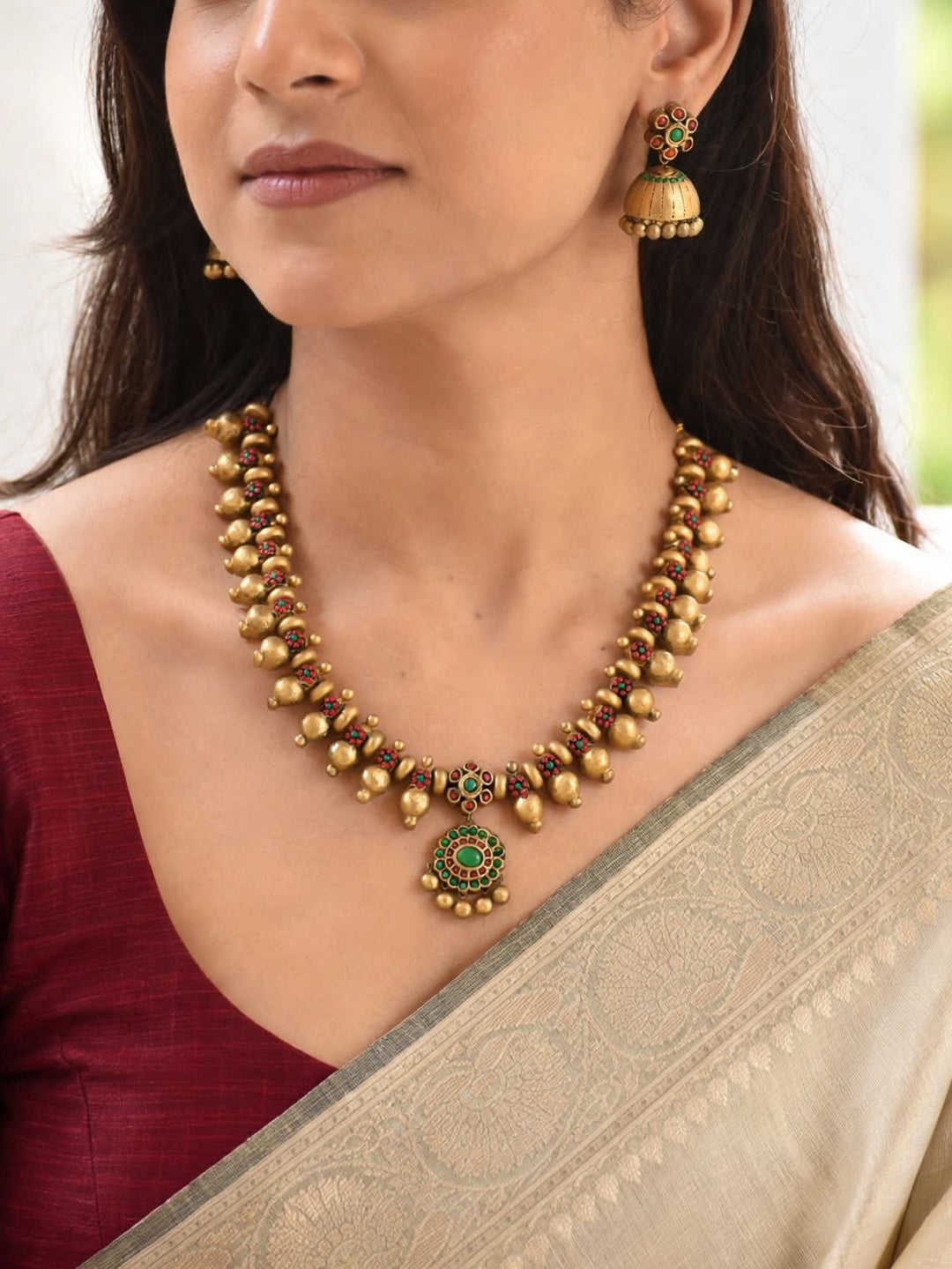 Padmasri — Antique Gold Red Green Floral Design Contemporary Style Handmade Terracotta Necklace Set