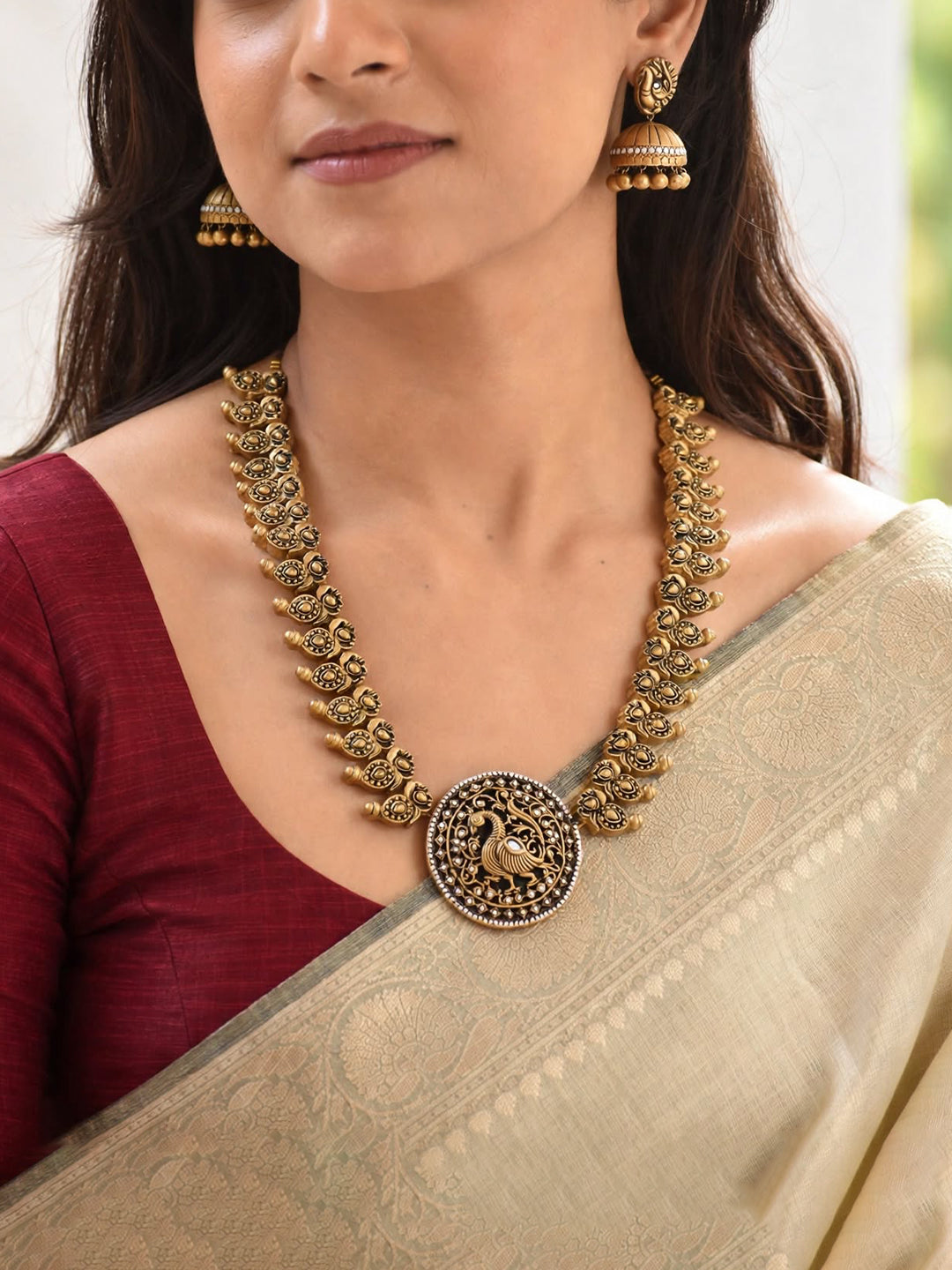 Antique Gold Peacock Mango Design Haram Style Temple Handmade Terracotta Necklace Set