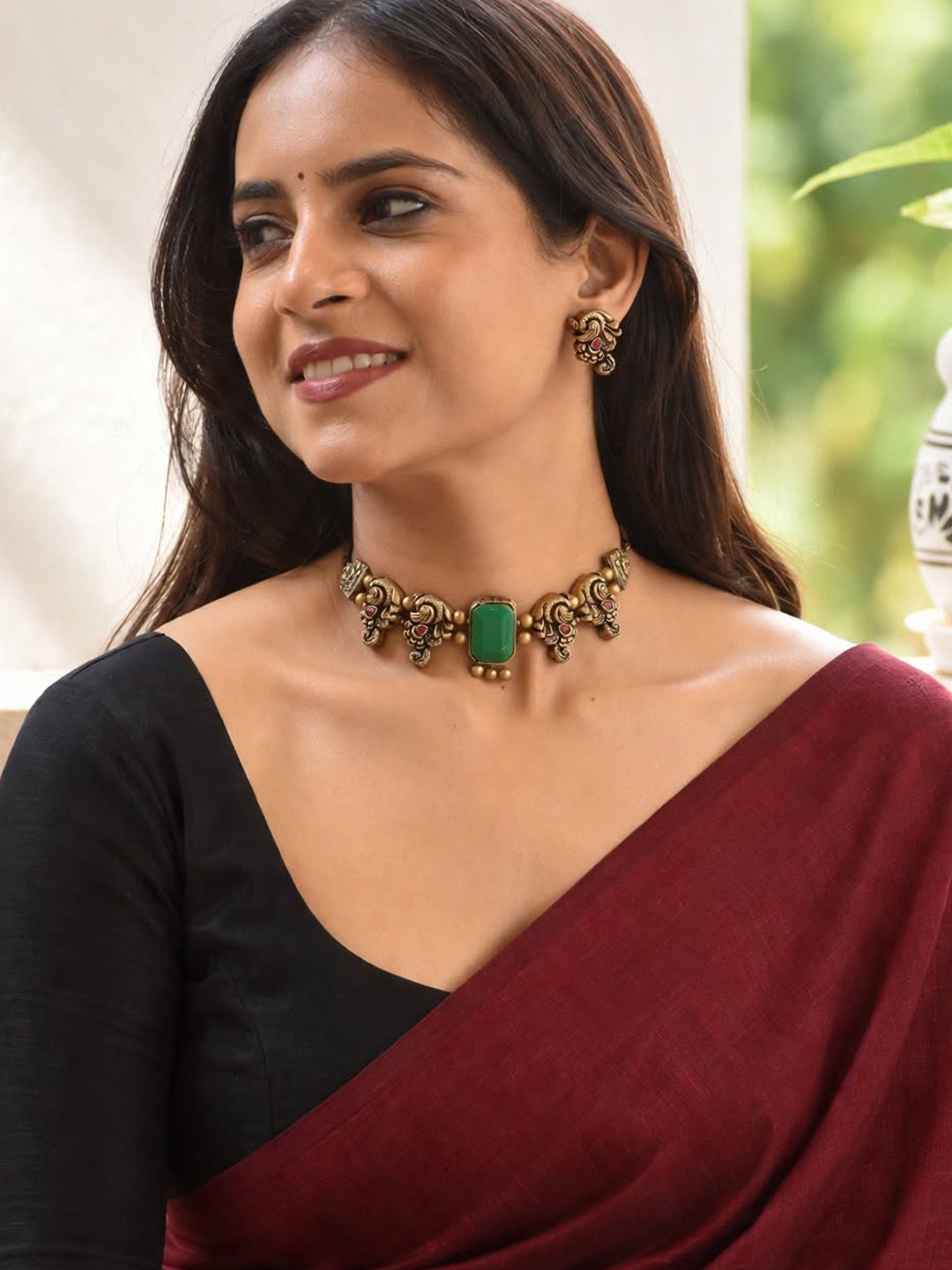 Minimalistic Antique Gold Red Green Peacock Design Handmade Terracotta Victorian Choker Necklace Set