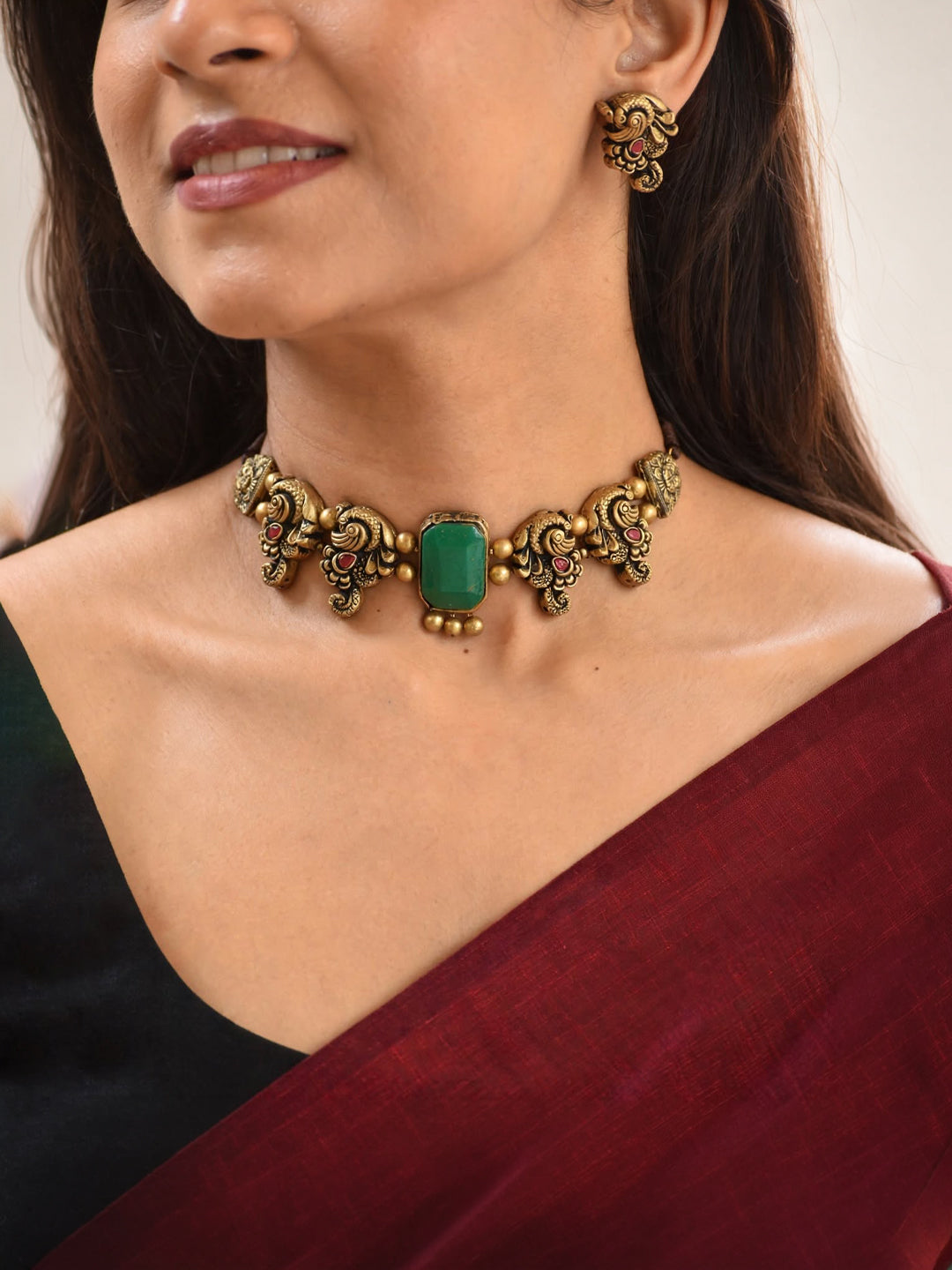 Minimalistic Antique Gold Red Green Peacock Design Handmade Terracotta Victorian Choker Necklace Set