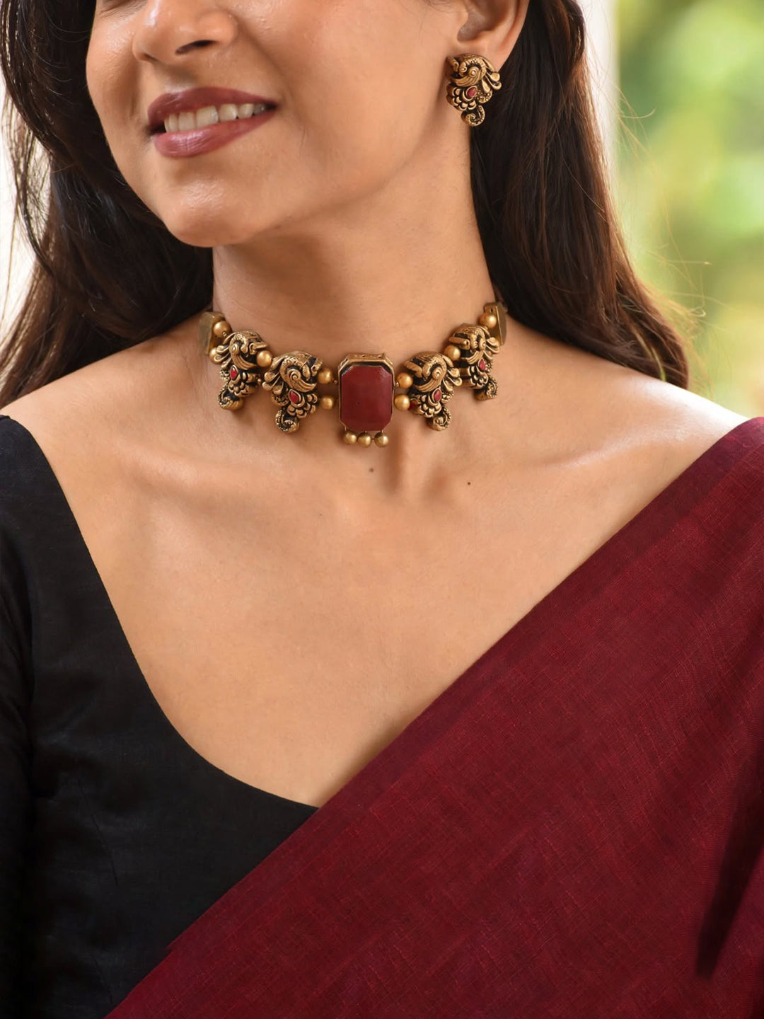 Hemangana — Minimalistic Antique Gold Maroon Peacock Design Handmade Terracotta Victorian Choker Necklace Set
