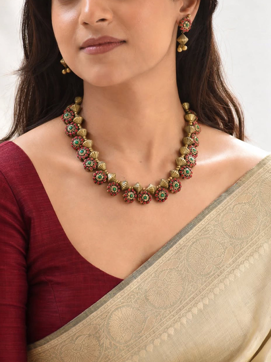 Sundarika — Antique Gold Red Green Floral Conical Design Handmade Terracotta Necklace Set
