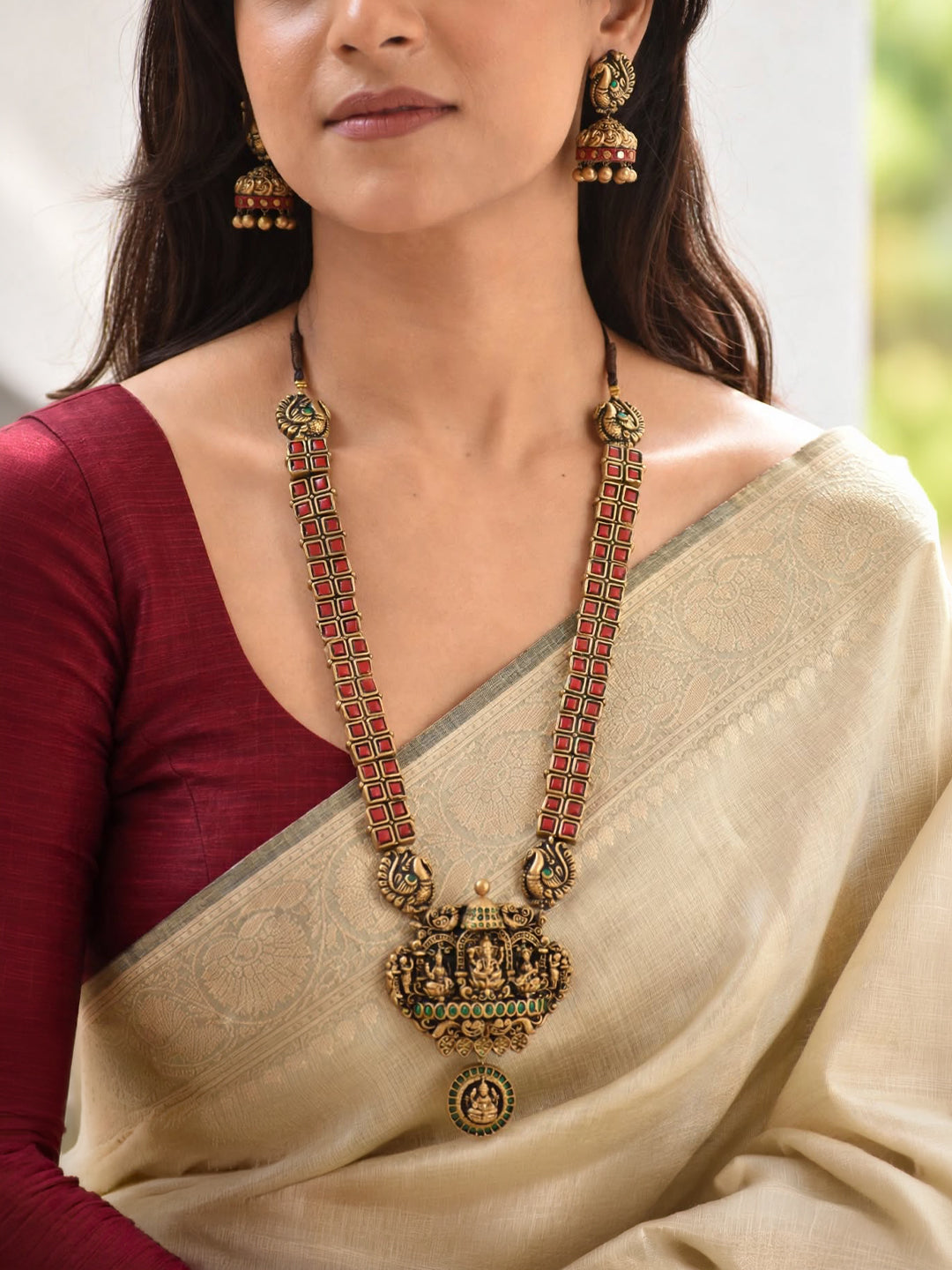 Chitralekha — Antique Gold Red Green Checkered Square Pattern Ganesha Lakshmi and Saraswathi Design Long Haram Temple Handmade Terracotta Necklace Set