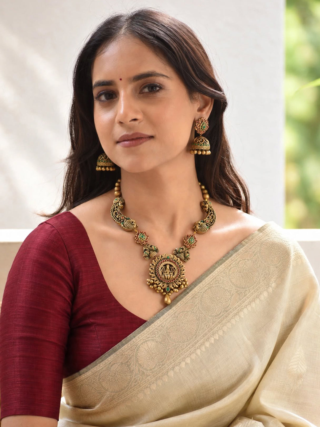 Sragdhara — Rajwadi Style Antique Gold Red Green Lakshmi Peacock Design Temple Haram Handmade Terracotta Necklace Set
